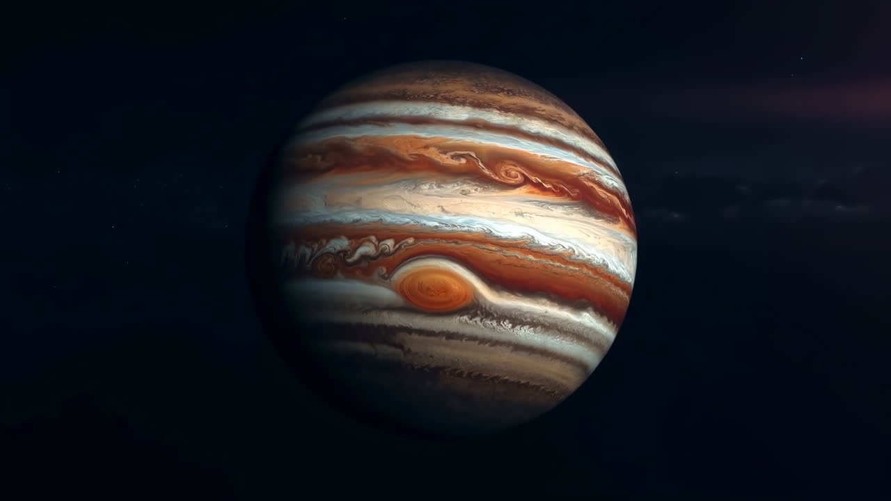 Nærbillede af Jupiters store røde plet-storm, filmagtig sonde-overflyvning over hvirvlende skybånd, levende orange hvirvelstrøm.
