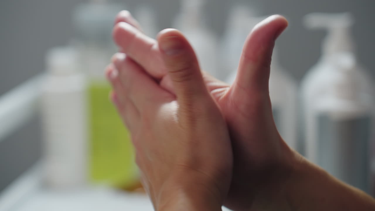 Facialist rubs clear massage gel between hands to evenly coat palms and fingers, preparing smooth hygienic product layer before applying to client face in bright spa treatment environment