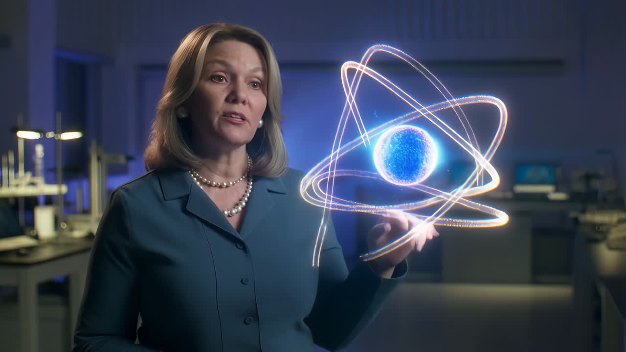 Scientist explaining atom structure