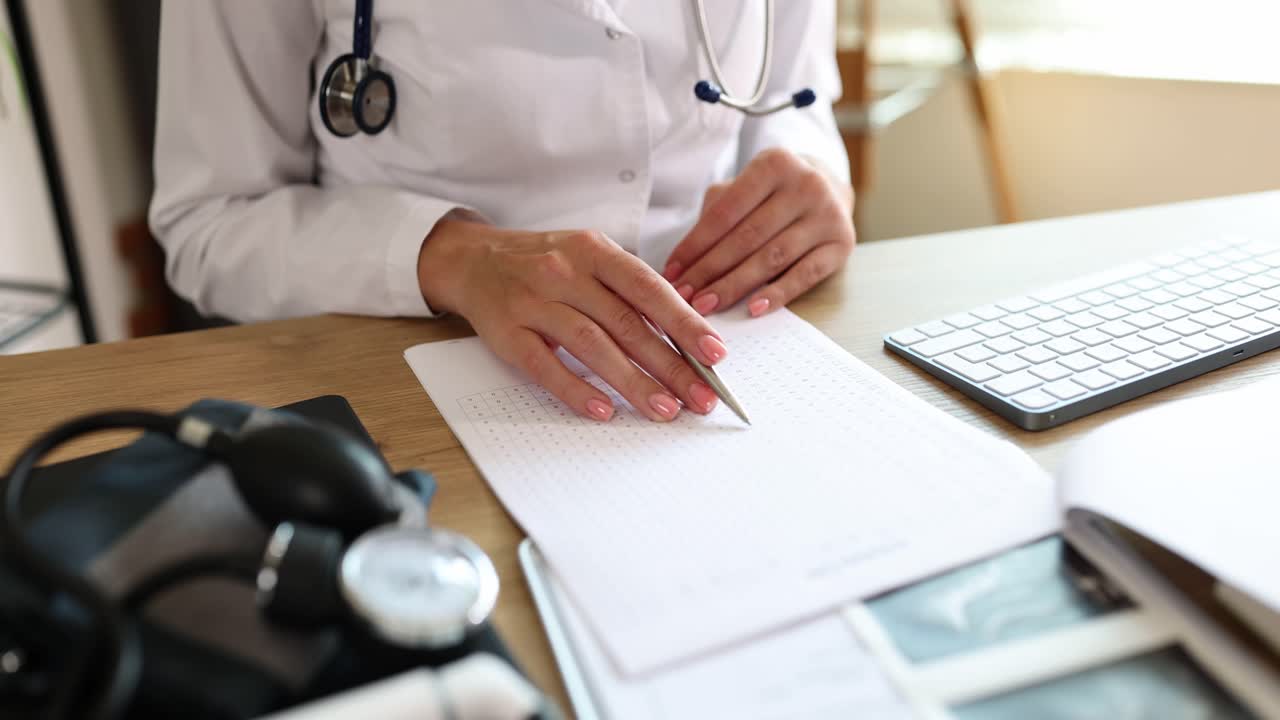 Doctor reviewing patient medical records including an ECG