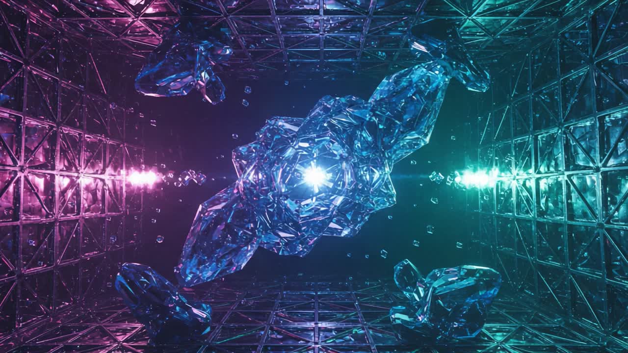 A Stunning Visualization of Geometric Crystal Structures Illuminated by Vibrant Neon Lights in a Futuristic Digital Space