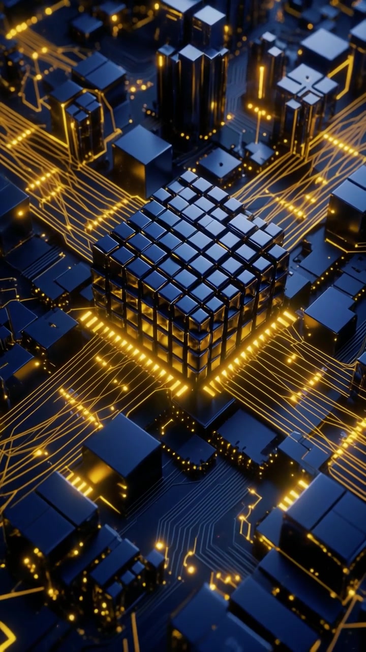 Abstract Digital Processor Chip with Glowing Data Circuits