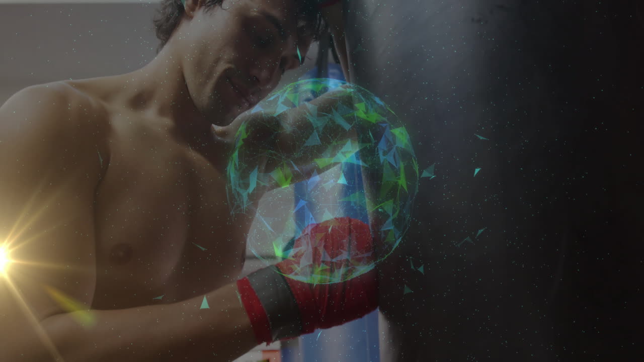 Boxer training with punching bag, digital globe animation overlaying scene