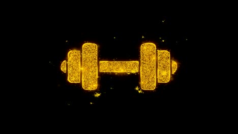 dumbbell icon sparks particles on black background.