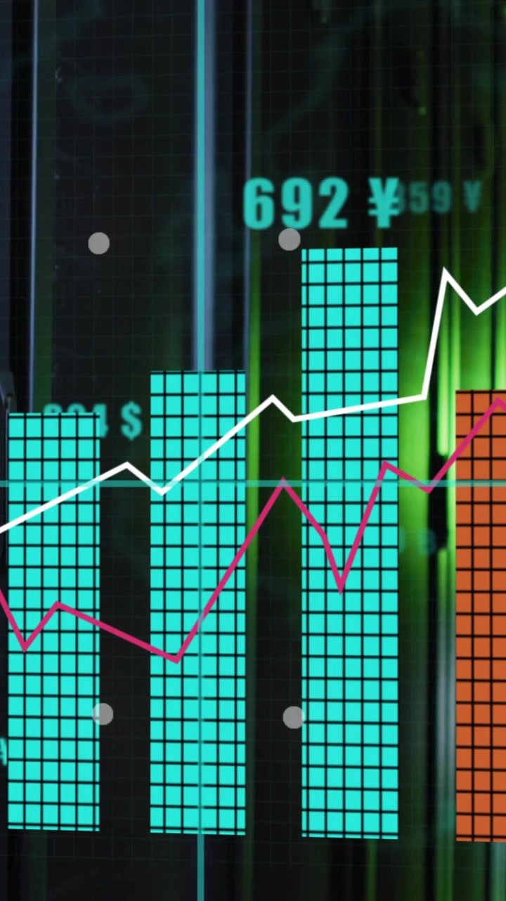 Financial data analysis animation over server room with green lighting
