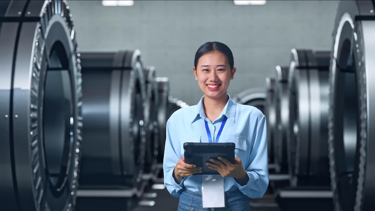 一名女性在工业环境中手持平板电脑。