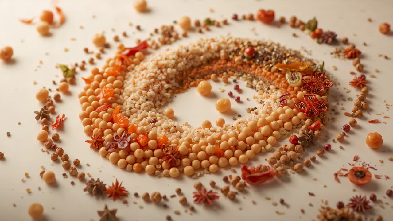 Pulling back camera, decorative donut arrangement shifting on white tabletop, revealing peach beads
