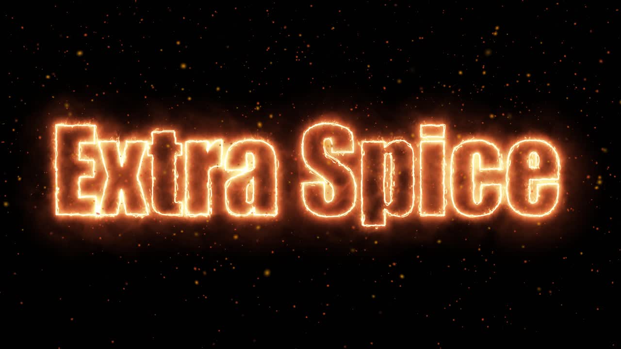 Bold orange glowing text pulses with fire and floating sparks against a dark background