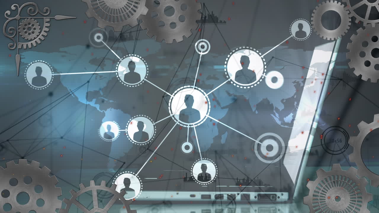 Animation of cogs and laptop over network of connections with people icons