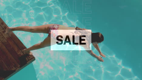 animación de texto de venta sobre la mujer en la piscina