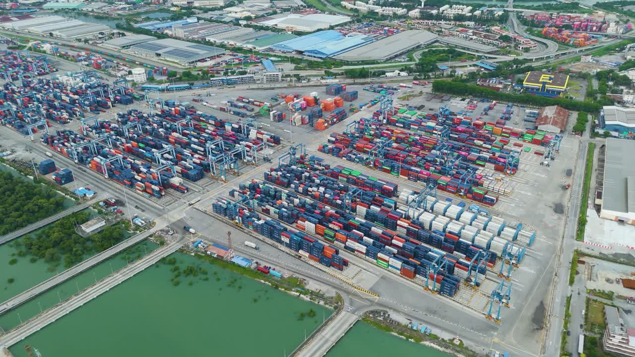 Aerial panorama of Northport container depot in Klang, Malaysia, displaying expansive logistics operations, cargo stacking, and global shipping infrastructure. UHD.