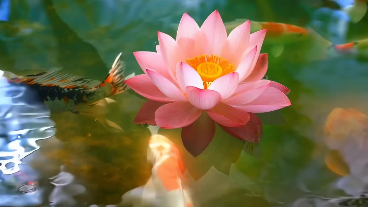 Rolig nærbildevideo av en rosa lotus på vann, filmet fra høy vinkel, levende og rolig.