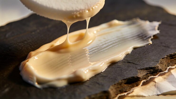 Pressing adult hand spreading beige cream with round foam pad on slate, forming glossy smear
