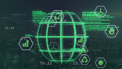 Animación-Del-Globo-Verde-Girando-Sobre-Iconos-De-Energía-Y-Procesando-Datos-Sobre-Fondo-Negro