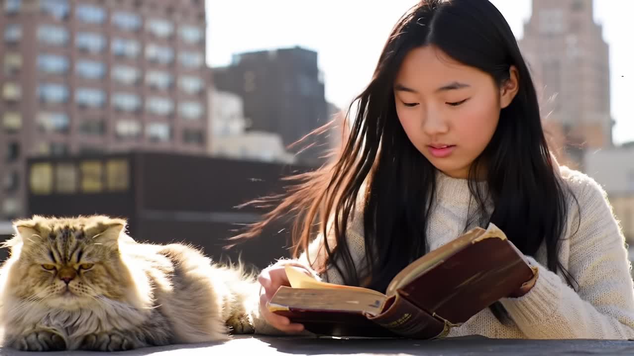 A Young Girl Enjoying a Peaceful Moment Reading a Book with Her Feline Friend on a Rooftop, Surrounded by Urban Landscape under a Clear Sky