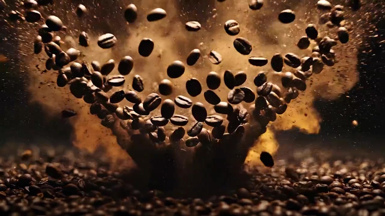 Dramatisk eksplosjon av ristede kaffebønner med støv