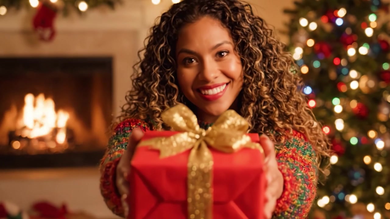 Celebração Alegre da Época Festiva: Um Indivíduo Sorridente com um Suéter Colorido Segura um Presente Embrulhado Perto de uma Árvore de Natal Festivamente Decorada e uma Lareira Aconchegante