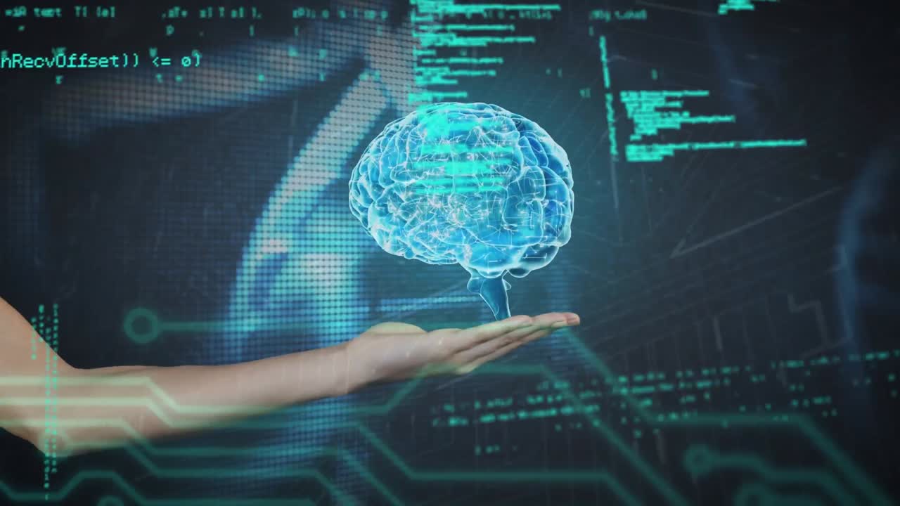 데이터 처리와 인간의 뇌의 애니메이션이 어두운 배경 위에 있습니다.