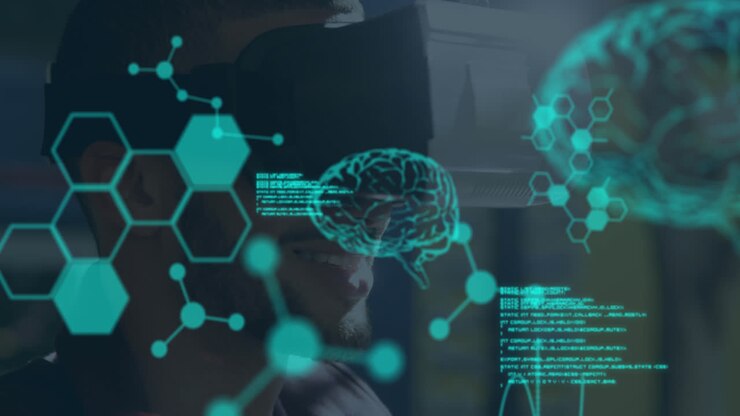 Animation of human brains spinning and data processing over businessman wearing vr headset