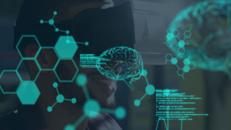 animación de cerebros humanos girando y procesamiento de datos sobre empresario que lleva auriculares vr