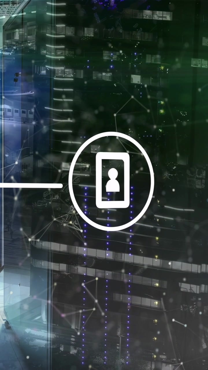 White circular UI icon showing phone user silhouette, fading on facade with connector line and LED