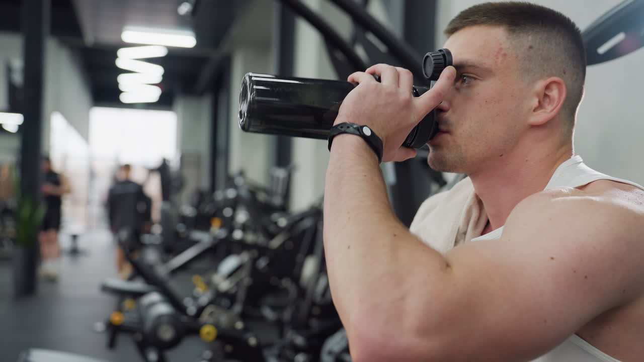Close up fitness enthusiast seated on weight bench with towel over shoulder taking sip from water bottle, eyes closed inhaling deeply between intense chest press reps during strength training