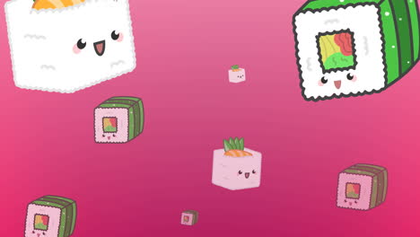 animation of diverse cartoon sushi floating on pink background