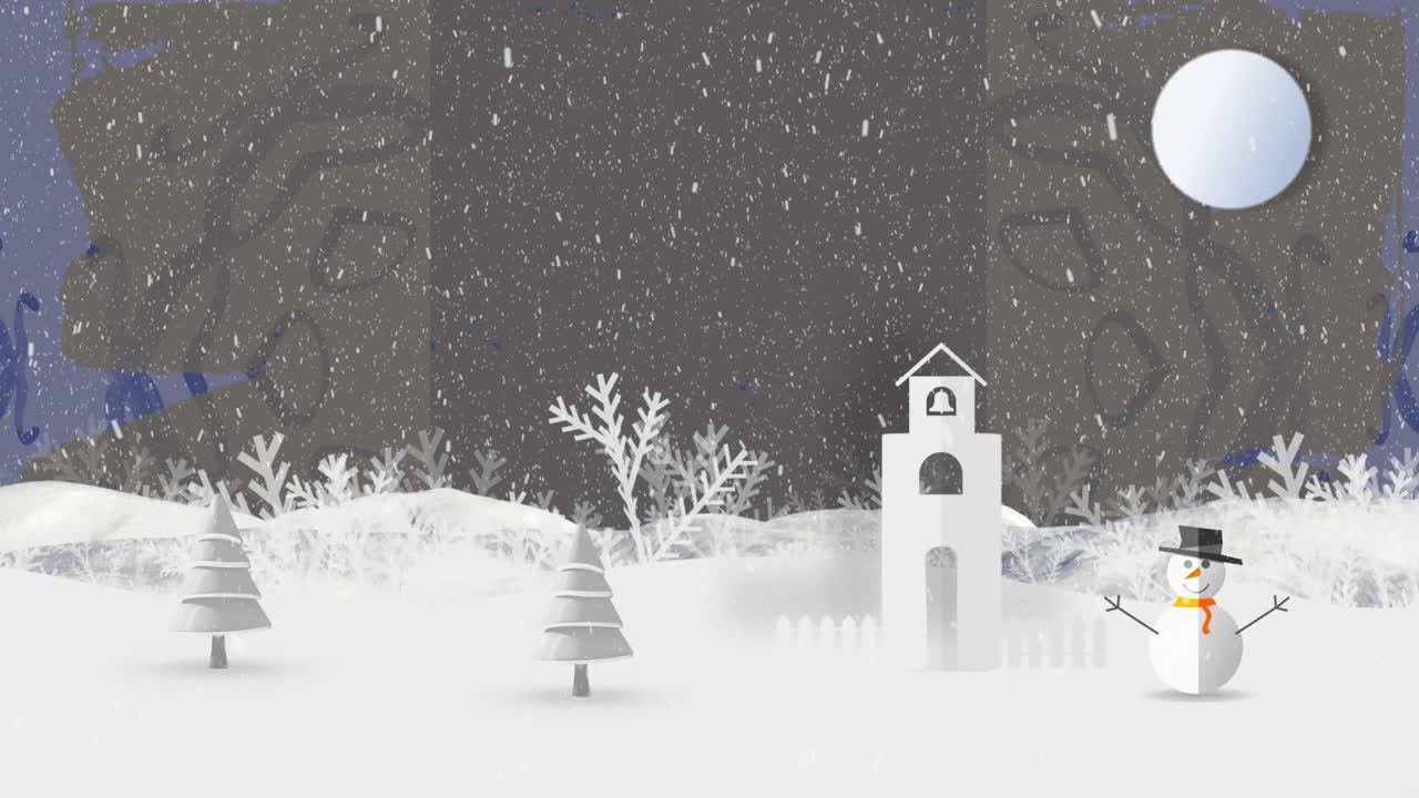 Snow falling animation over winter landscape with snowman, trees, and church