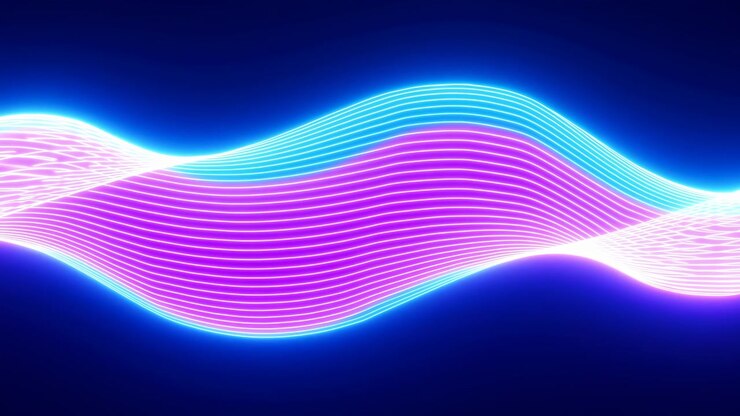 Linee parallele simili al neon formano bande ondulate lisce ciano, magenta e bianche che si muovono su un campo blu scuro, incrociandosi vicino ai lati mentre la loro spaziatura curva e il loro bagliore rimangono costanti.