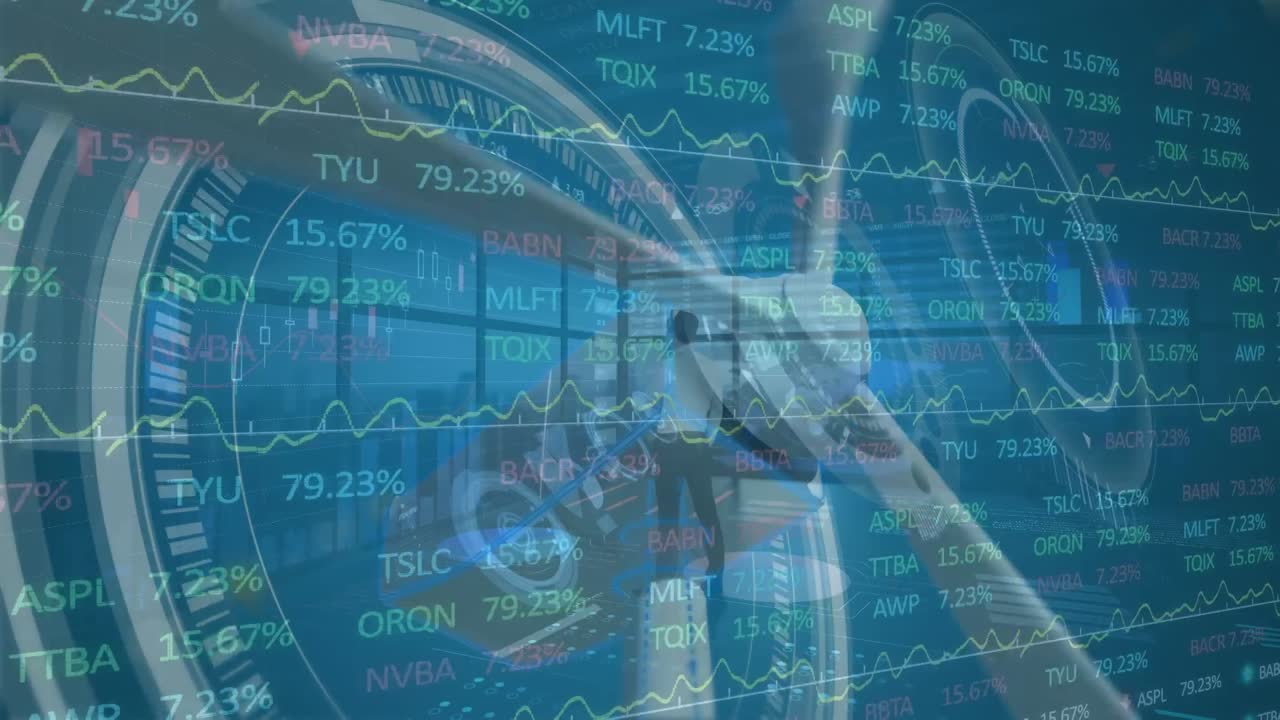 Animation of processing circles, financial data and graphs over wind turbine