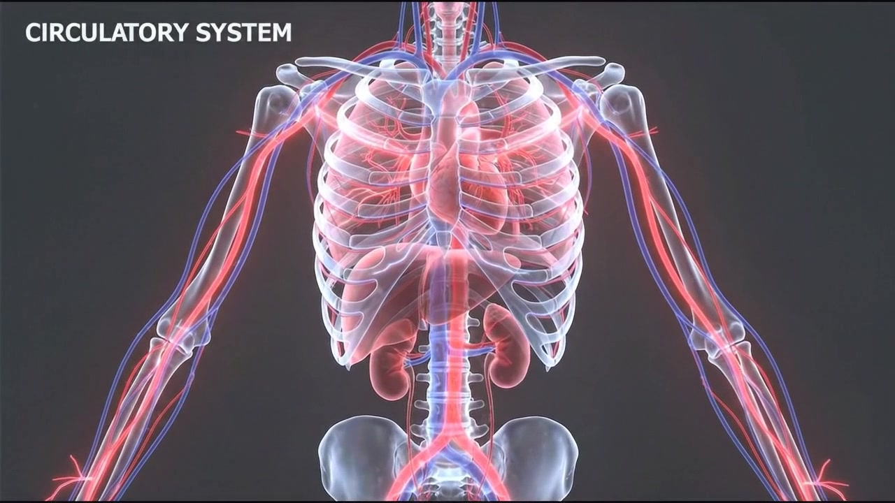 Transparent torso anatomy showing rib cage spine and internal organs from rear view
