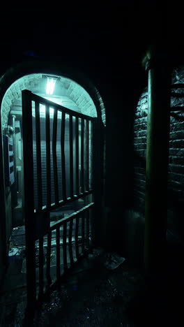 a dark, gated entrance to a tunnel or alleyway