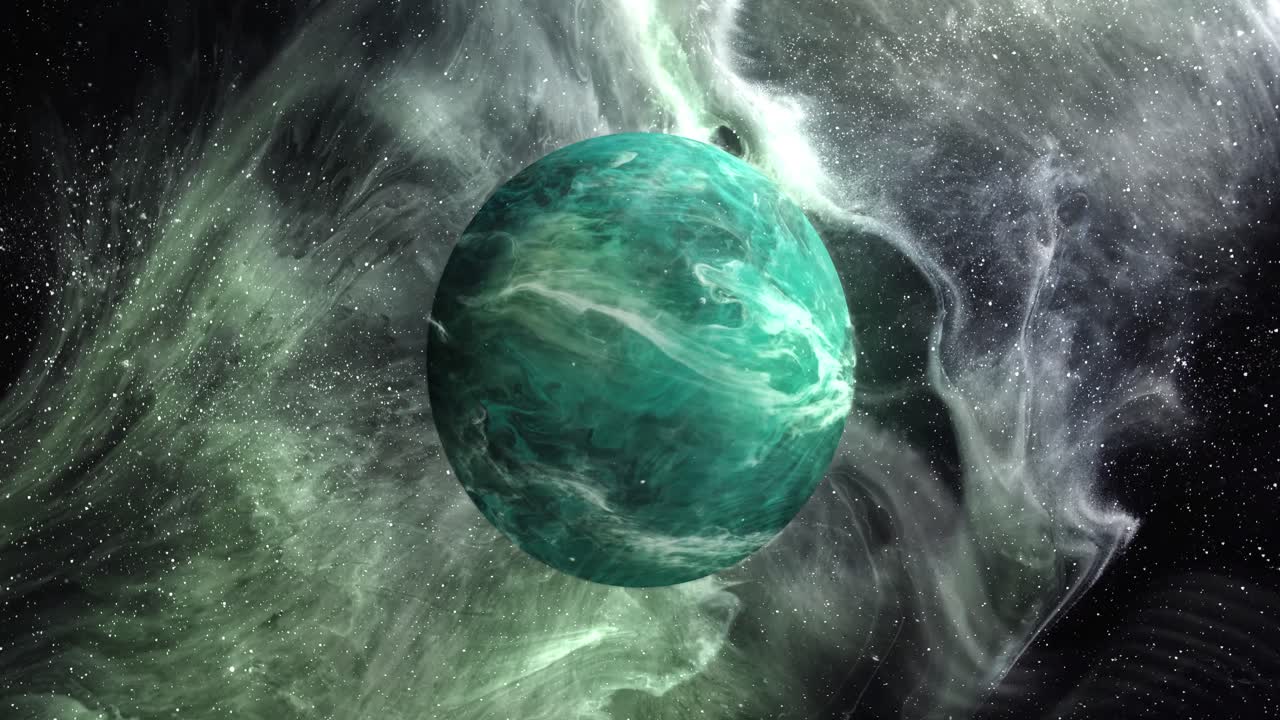 animación del planeta verde en la galaxia verde