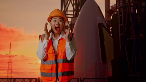 excited female engineer at rocket launch