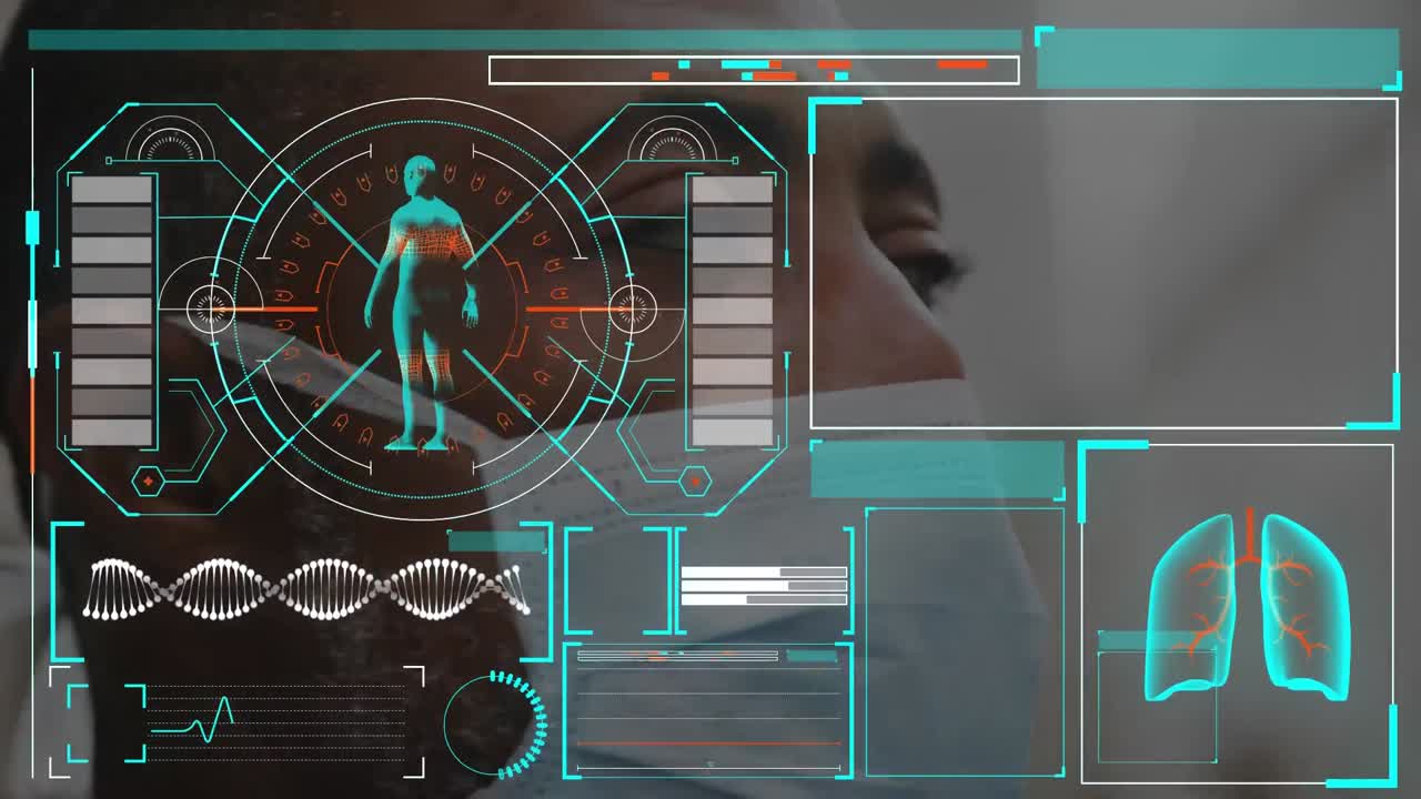 Digital interface with medical data processing against close up of man wearing face mask
