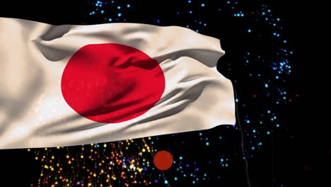 animación de la bandera de japón sobre fuegos artificiales