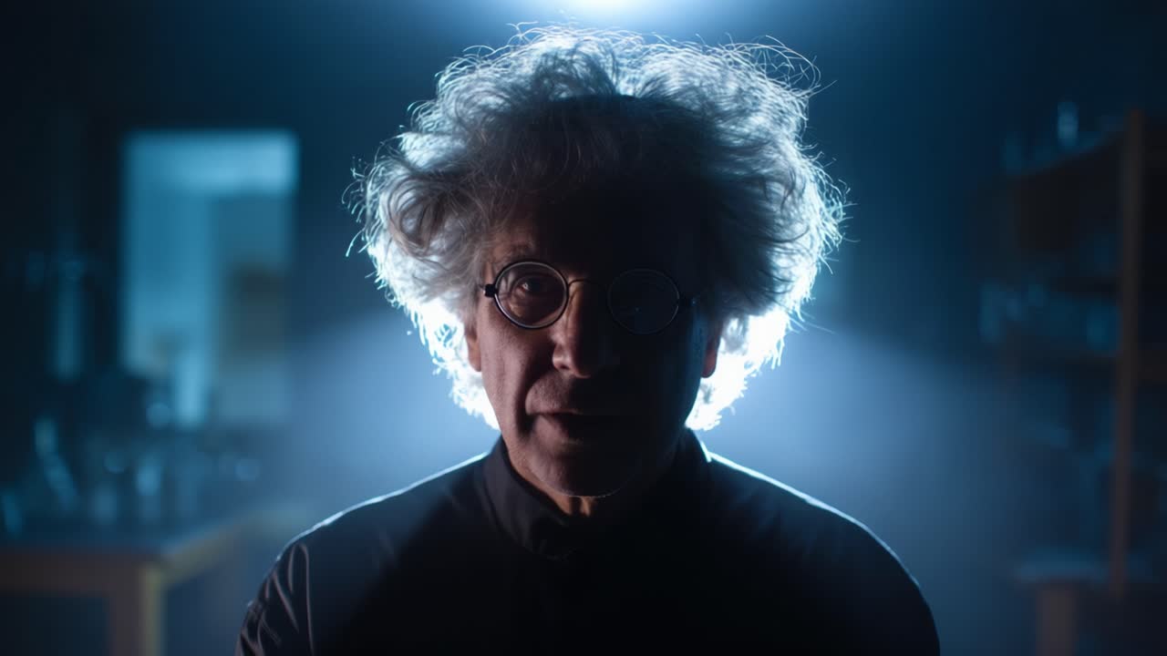 Uno scienziato con capelli scarmigliati e occhiali illuminati da una luce teatrale si trova in un laboratorio buio, creando un’aura di mistero e curiosità.