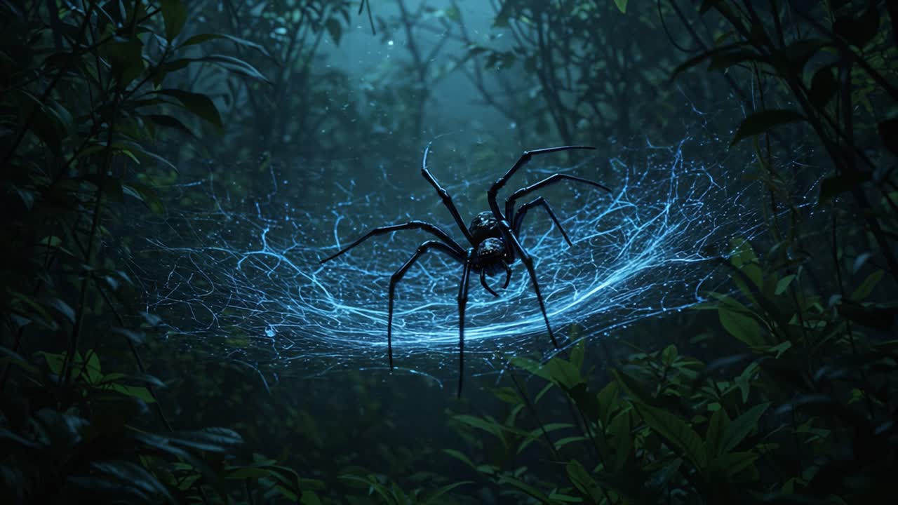 A Mysterious Spider in a Lush Forest Creating an Enigmatic Web Illuminated by Ethereal Blue Light in the Heart of Nature's Depths