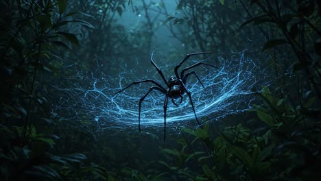 a mysterious spider in a lush forest creating an enigmatic web illuminated by ethereal blue light in the heart of nature's depths