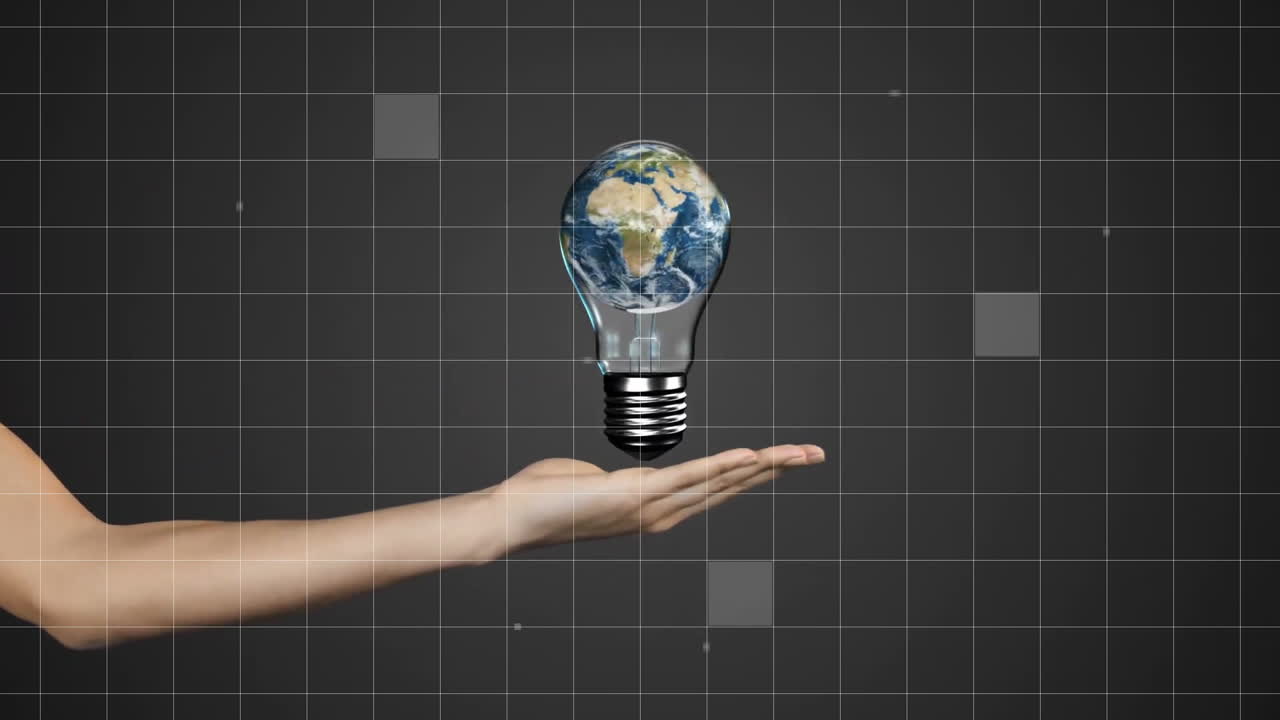 Holding light bulb with Earth inside, hand against grid background animation