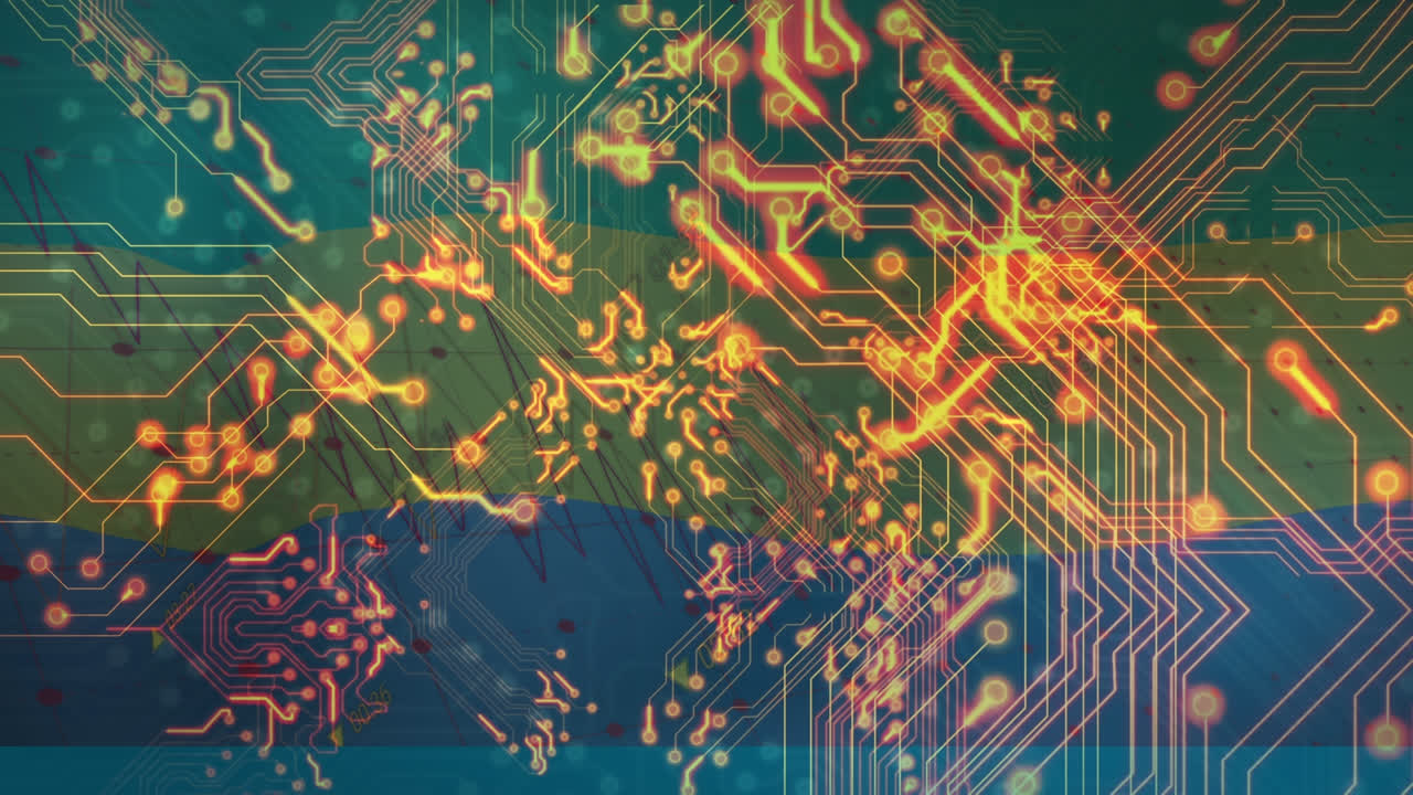 파란색 배경에 불이 있는 통합 회로의 애니메이션