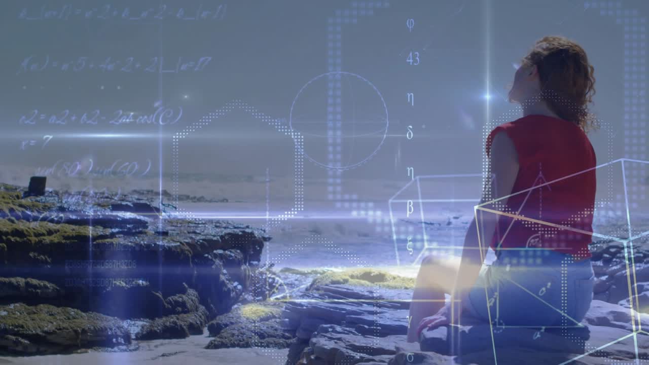 Woman on rock shifting gaze when tech holographic shapes emerging showing sea data