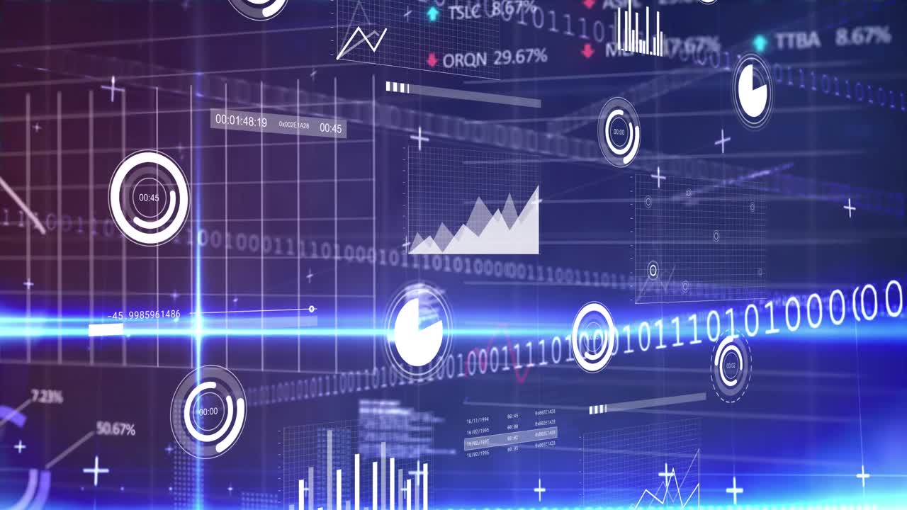 Animation of statistical and stock market data processing against light trails on blue background