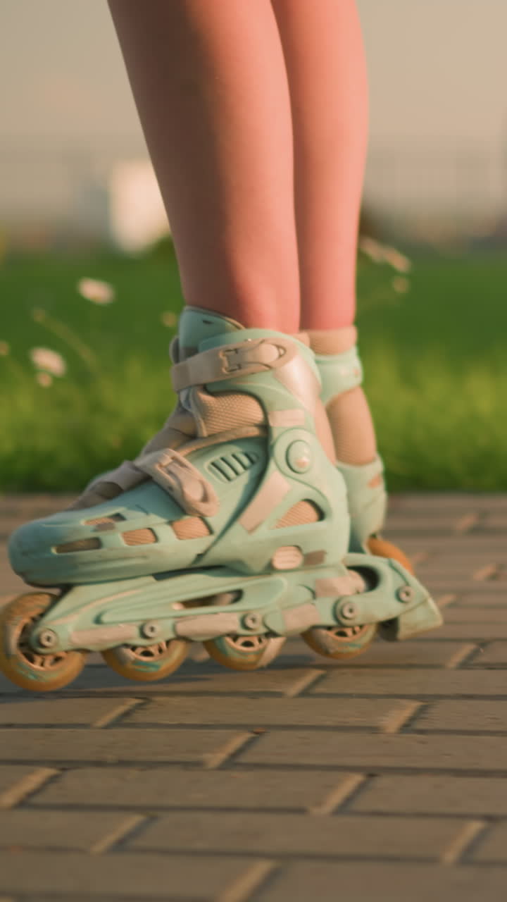 Leg view of person roller skating on interlocked path, rollerblades casting shadows on ground, next to grassy field, with blurred view of cityscape and buildings in background under evening sunlight