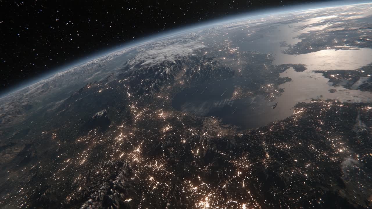 Stunning Aerial View of a Planet's Surface at Night Showcasing Illuminated Cities and Natural Landscapes Against a Starry Background