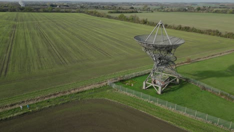 aerial orbit over the radiotelescope antenna at the mullard radio astronomy observatory in cambridge, uk