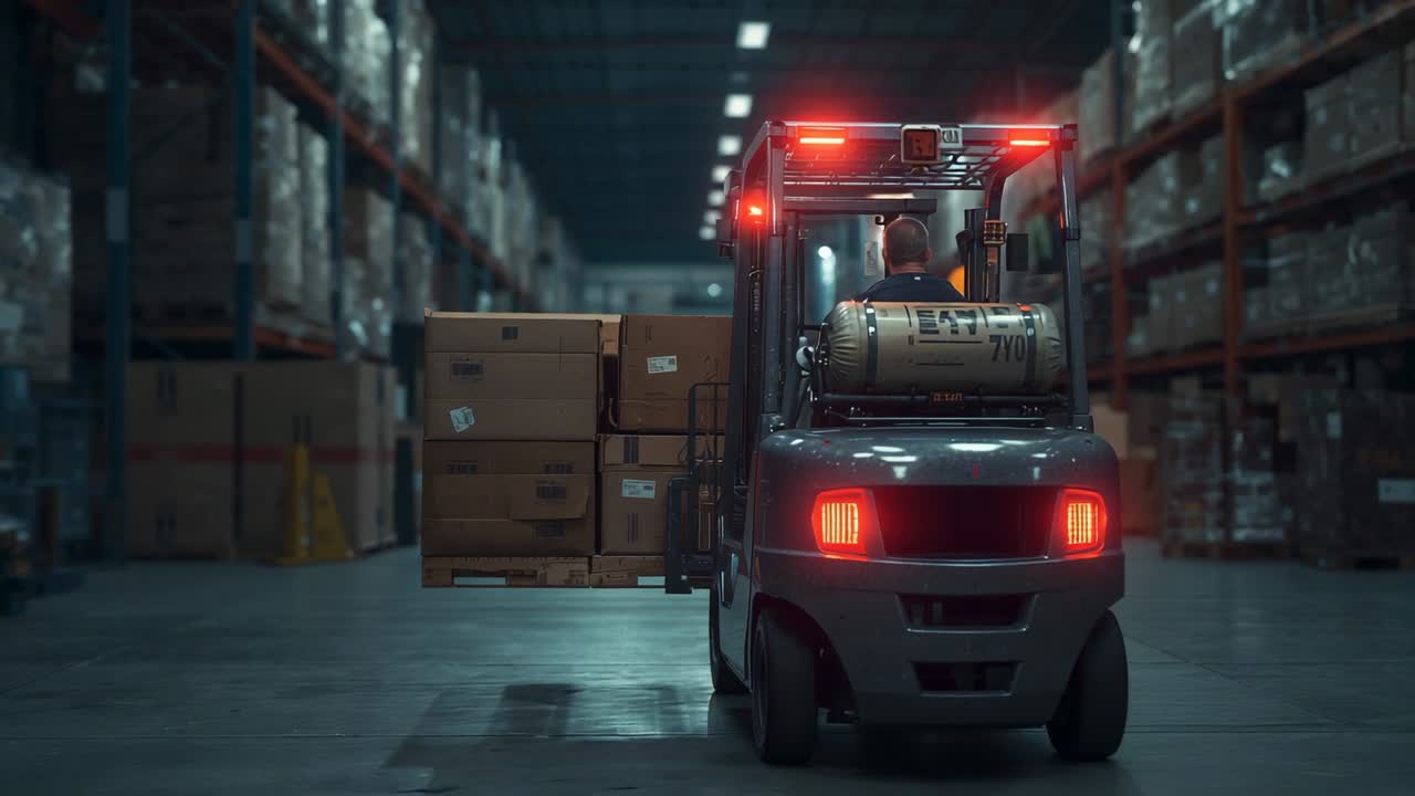 Lifting pallet forklift operator navigating warehouse aisle toward exit, with red warning lights