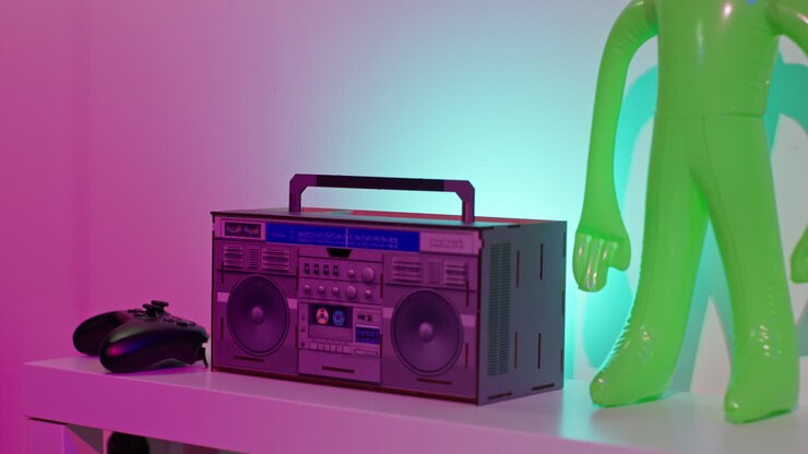 Un boombox con un controller e una statuetta di alieno verde sullo sfondo