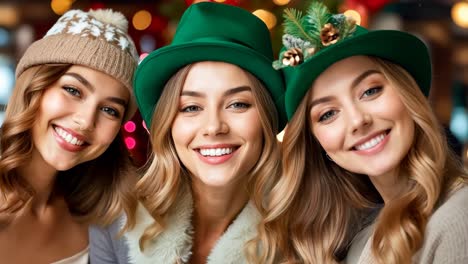 three women wearing green hats and smiling at the camera