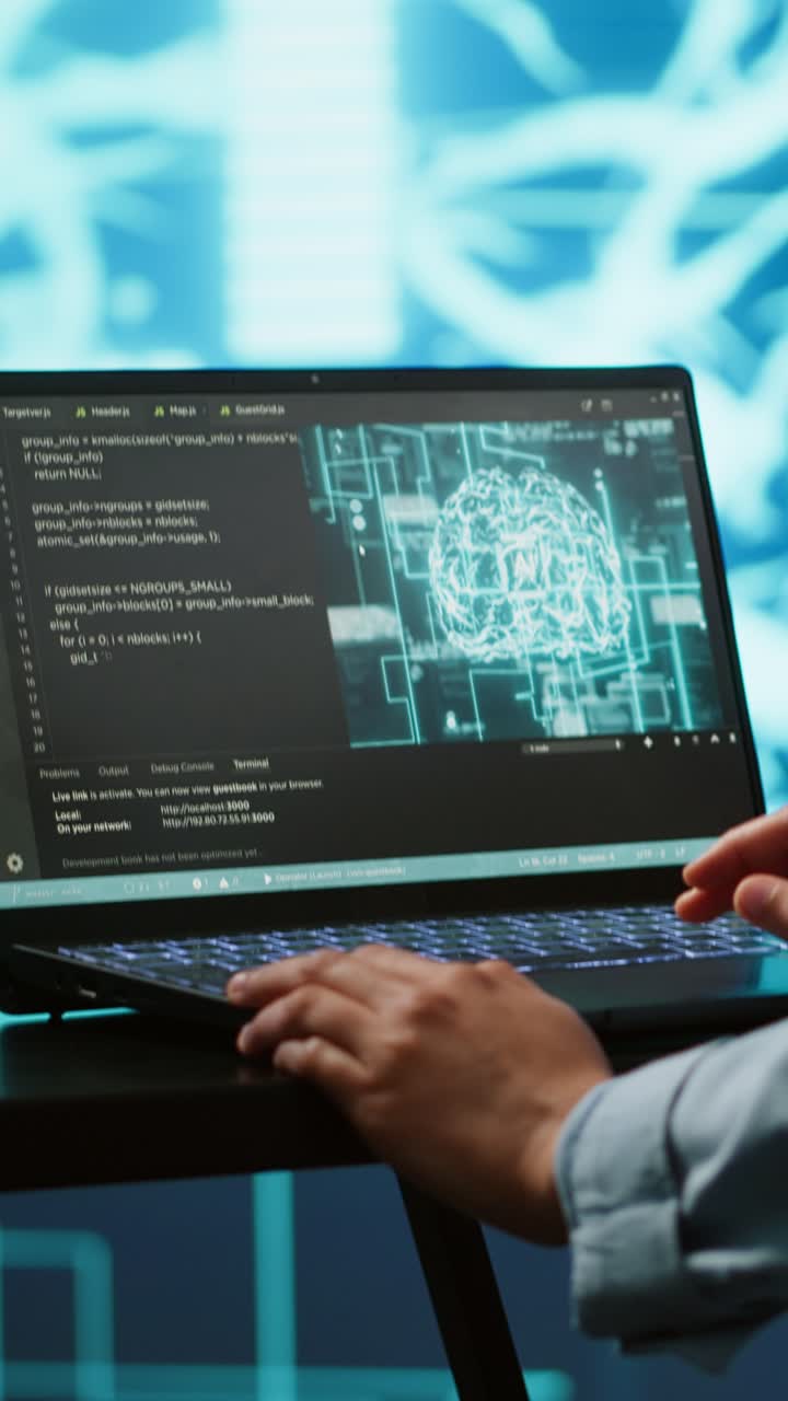 Vertical video AI computer scientist using laptop for business data ...